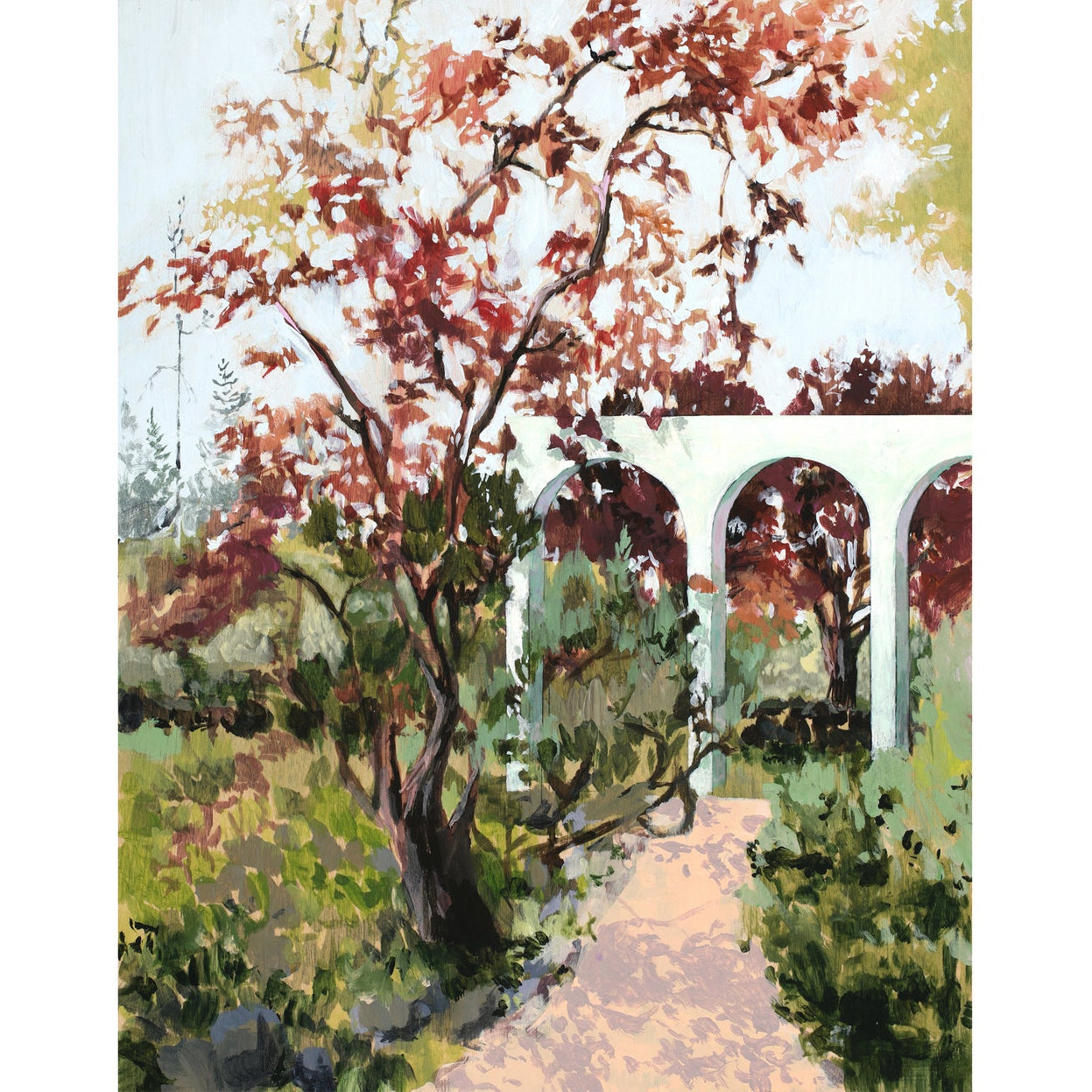 garden view with red maple and arch formation in background. 