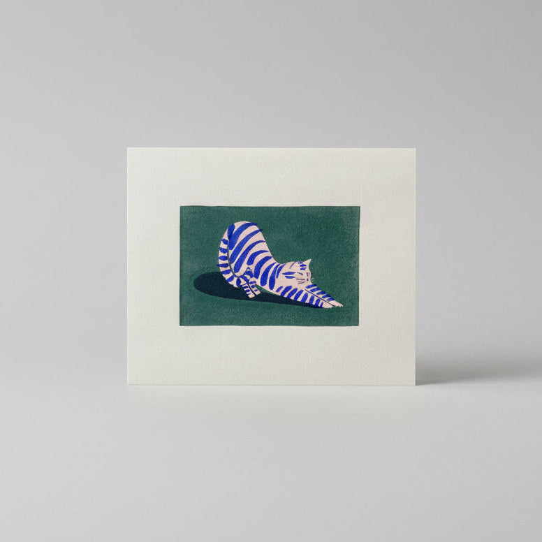 8X10 inch print with a green background and a pink cat with blue stripes stretching