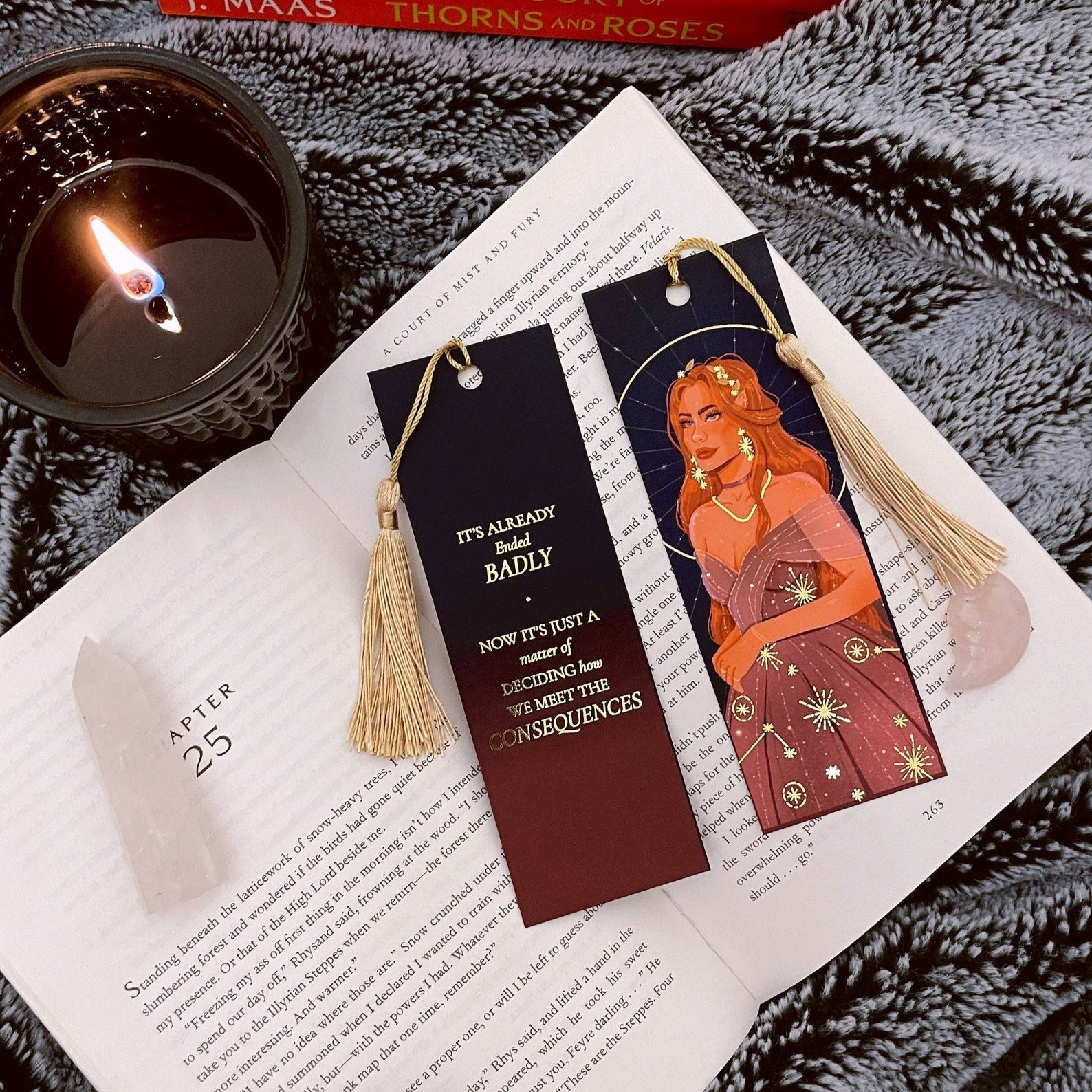 Gold foil *Limited Edition* Elain Bookmark with hand tied gold tassel and soft touch finish. Artwork by Brittany Keller.