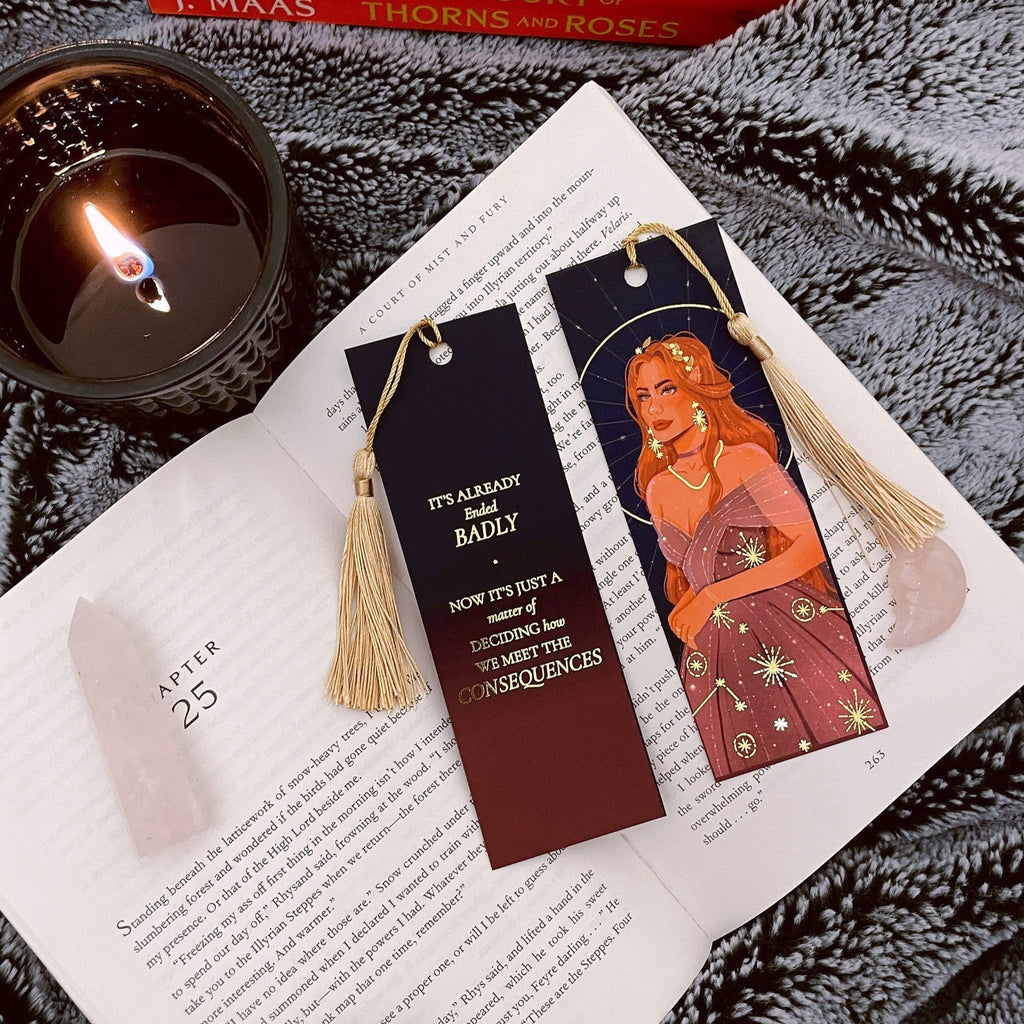 Gold foil *Limited Edition* Elain Bookmark with hand tied gold tassel and soft touch finish. Artwork by Brittany Keller.