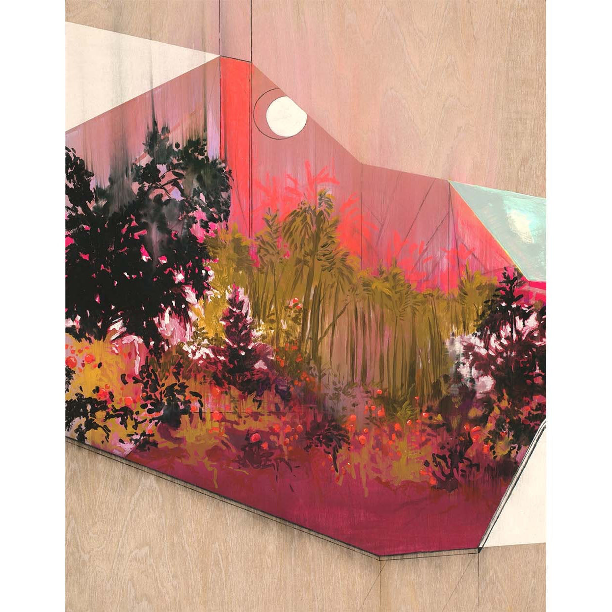 landscape scene done in shades of red and pink with olive green trees. 
