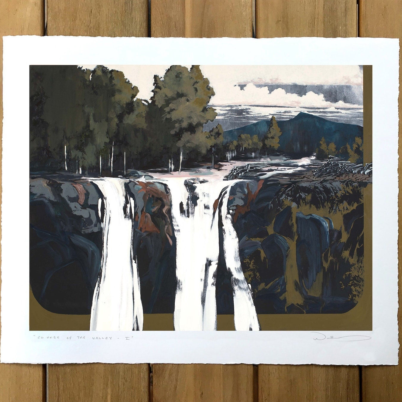print shown against wooden table. 