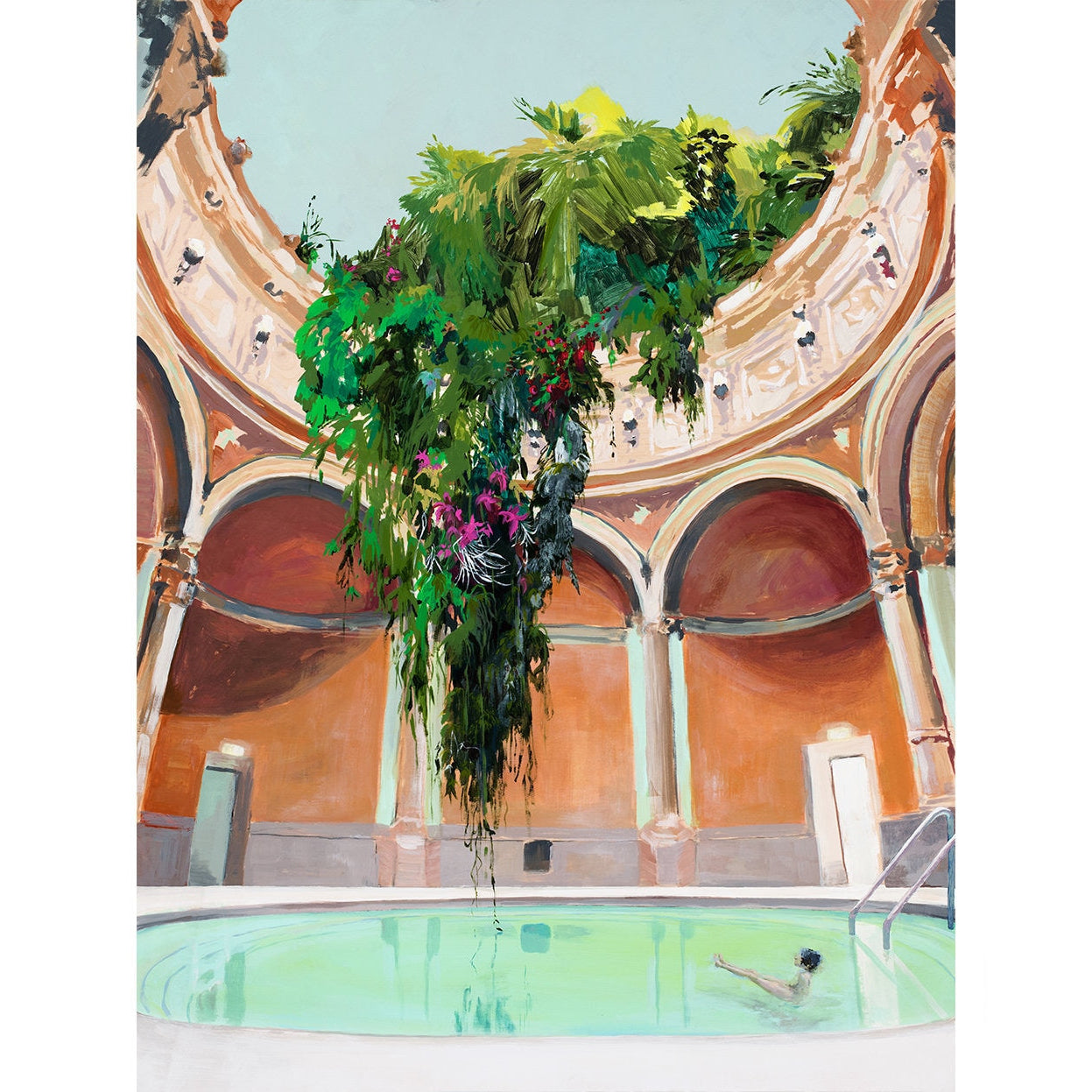 print showing an open dome with lush plants trailing down from the roof to a light clear pool with a tiny naked figure swimming. 