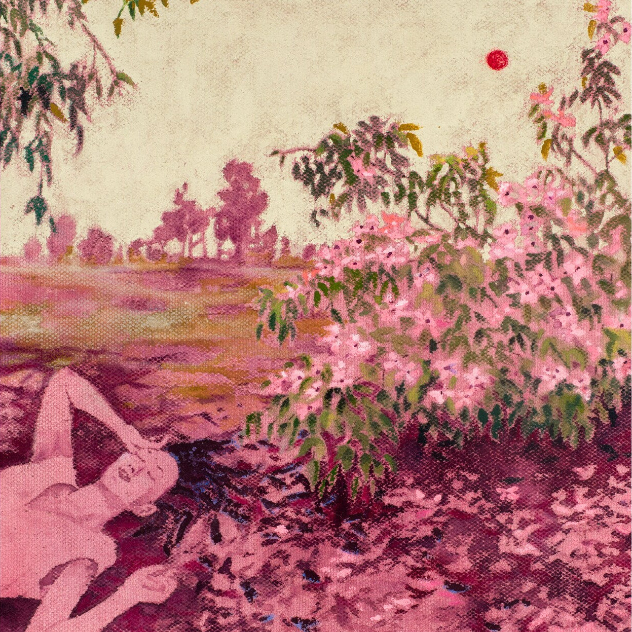 Underbrush done in pinks and magenta's with a girl laying in shade with a red sun in the sky. 