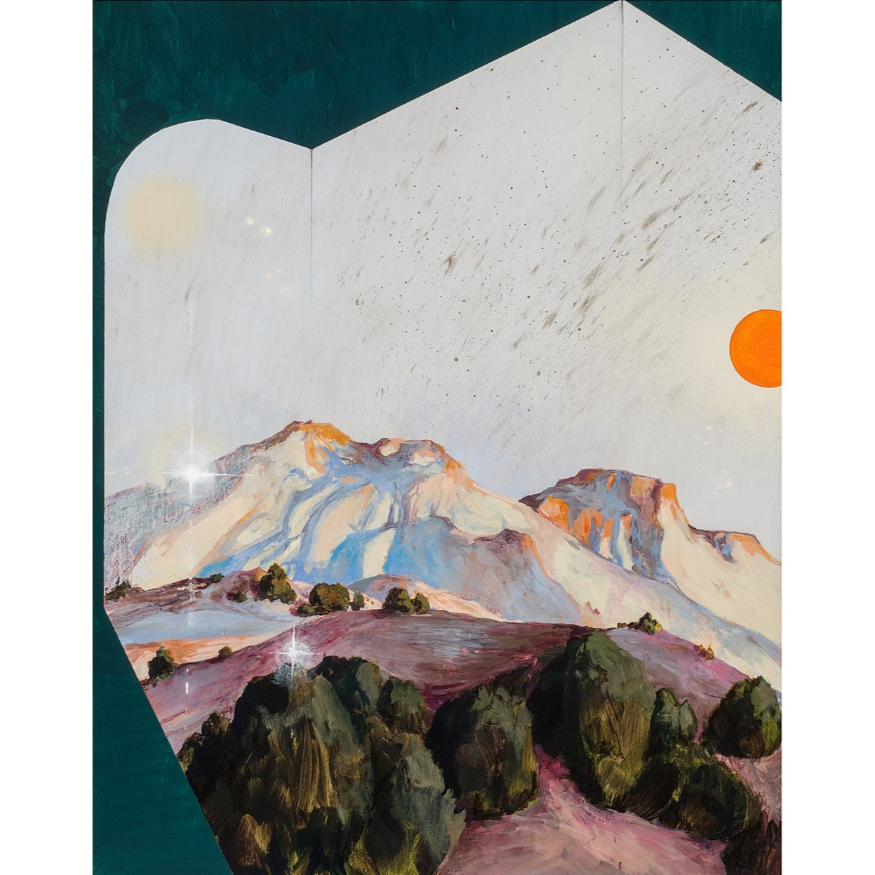Painting featuring Southwestern mountain formations gleaming under an ochre sun