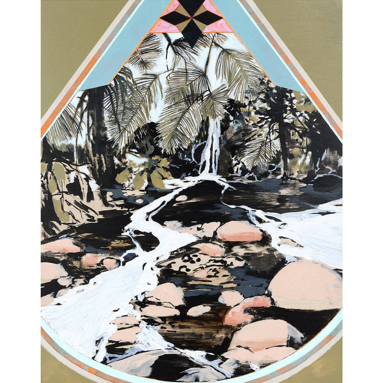 Painting of a river with foliage and greenery, featuring geometric shapes