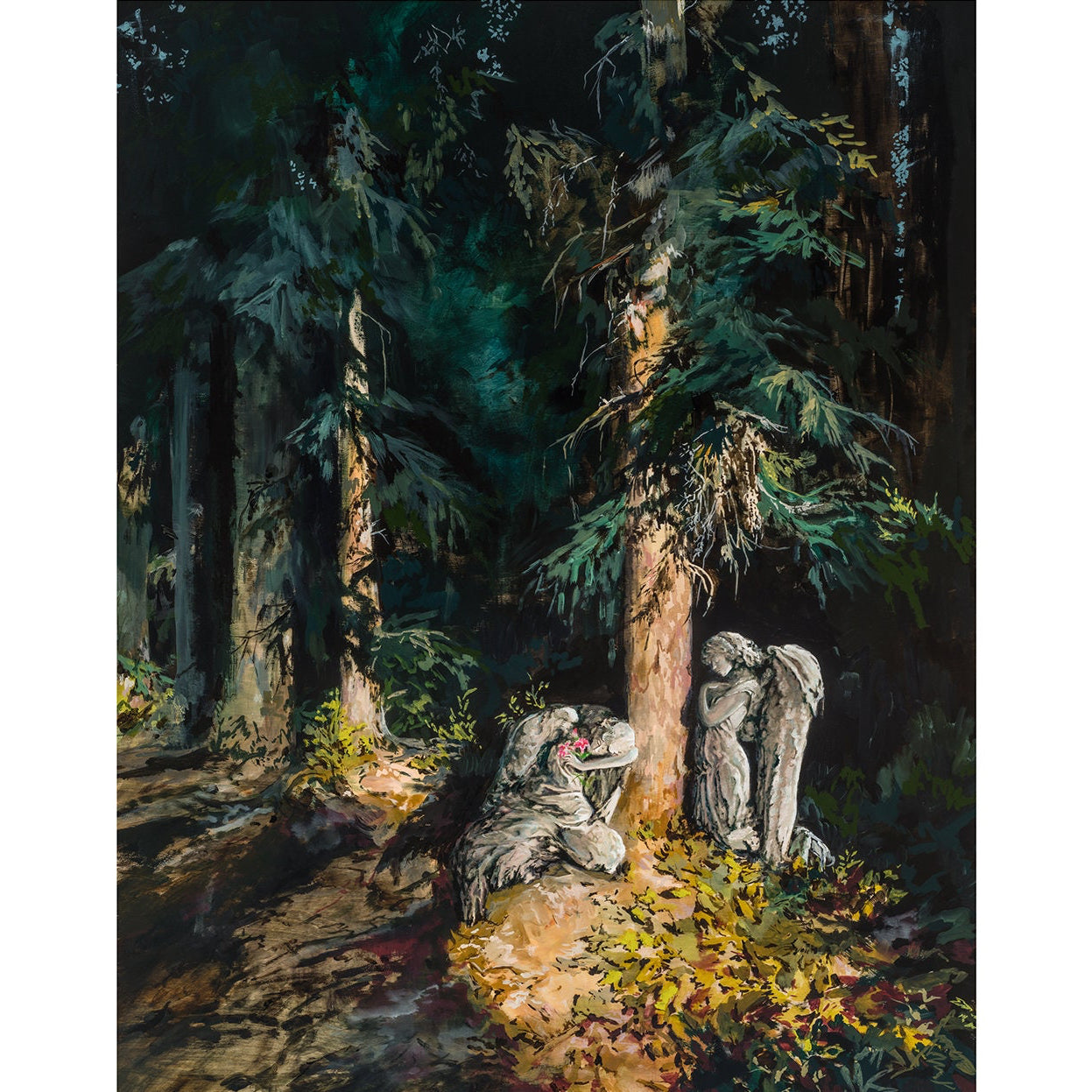 dark rough pine trees and stone figures standing around. 