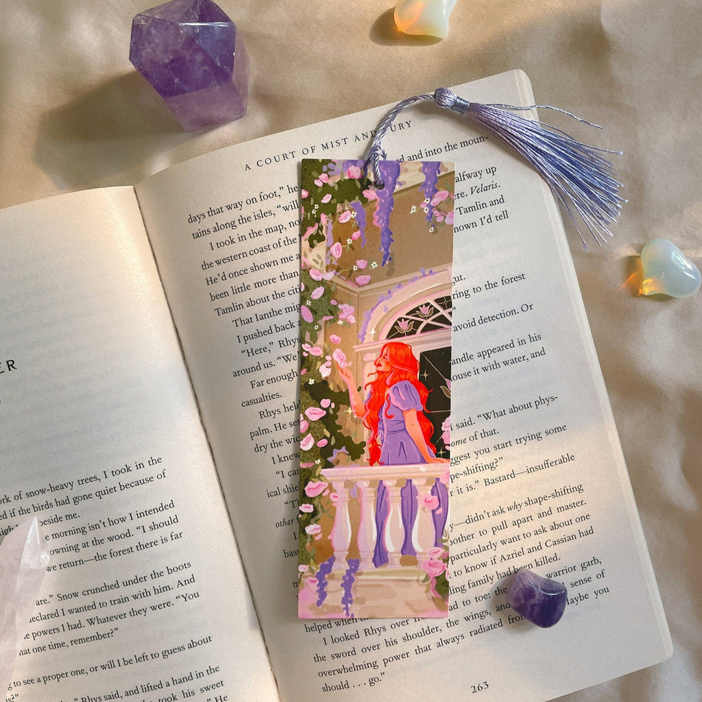 Balcony Blossoms double sided, UV coated bookmark with hand tied tassel. Artwork by Brittany Keller.