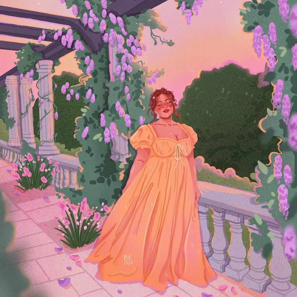 A larger and curvy woman wearing a pale yellow fairytale dress is standing wistfully on a cobblestonen walkway surrounded by wisteria. 