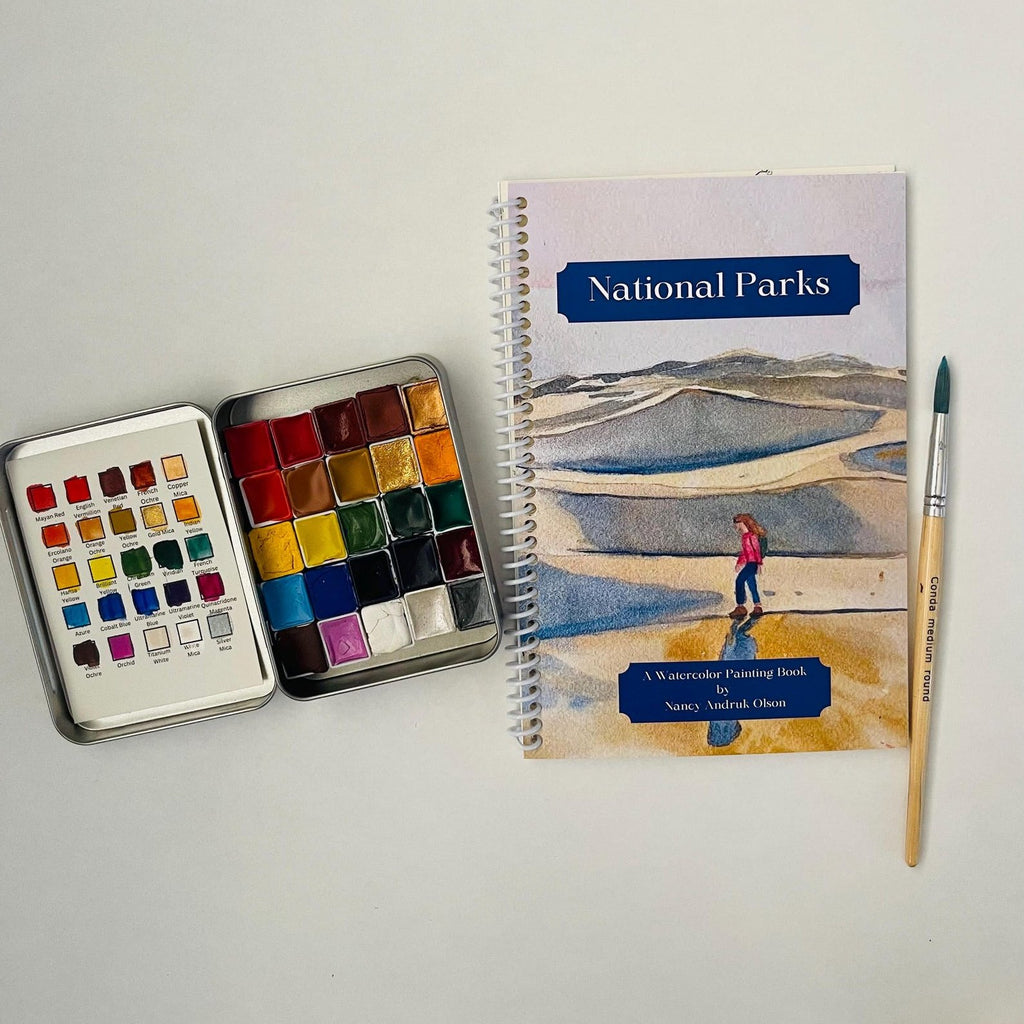 national parks watercolor book with tin paint set and paintbrush
