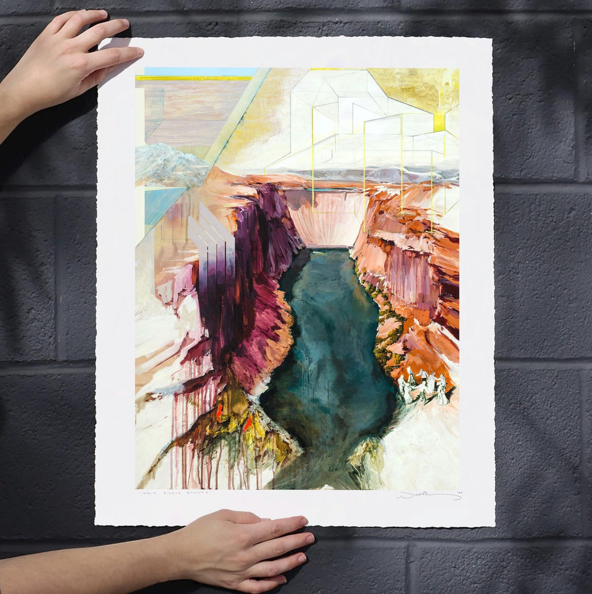 Huge canyon done in dripping dramatic colors with vibrantly dark water pooled inside. 