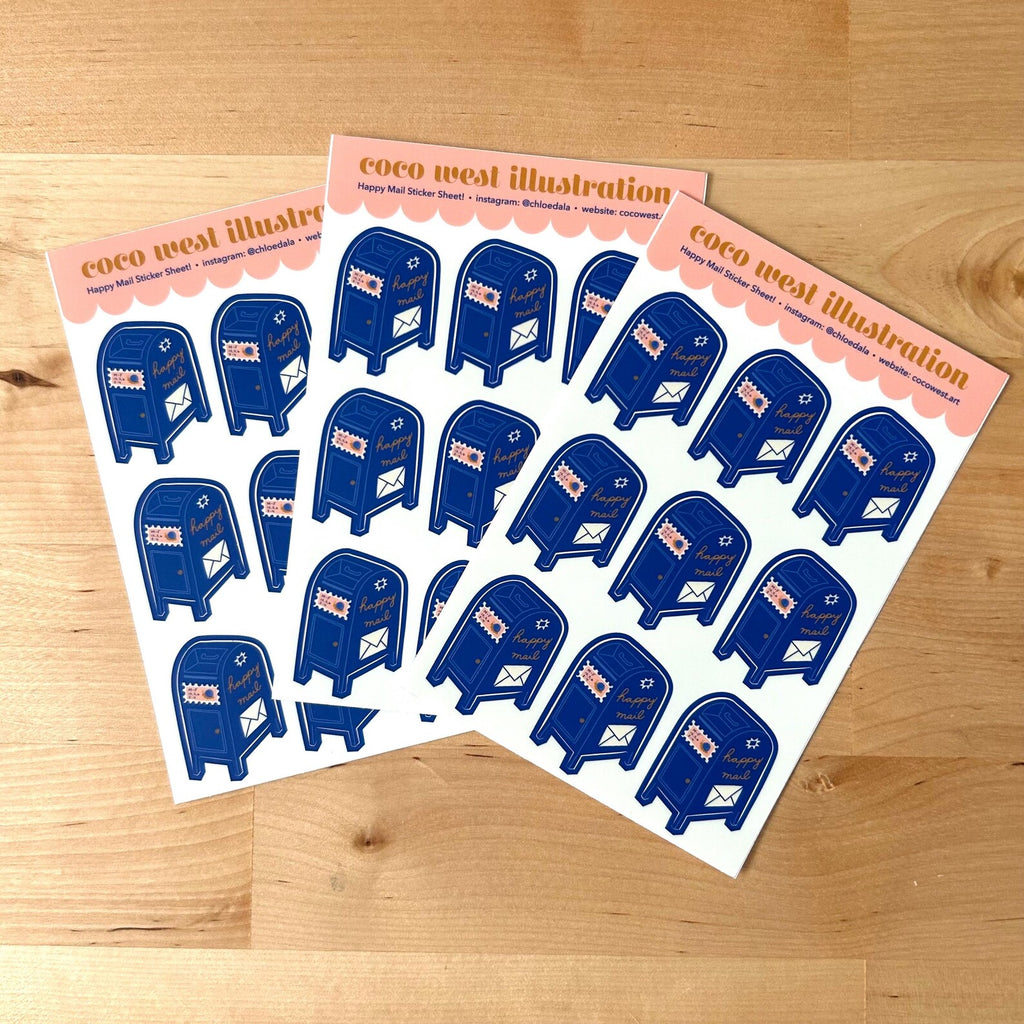 3 sticker sheets featuring blue mailbox decals