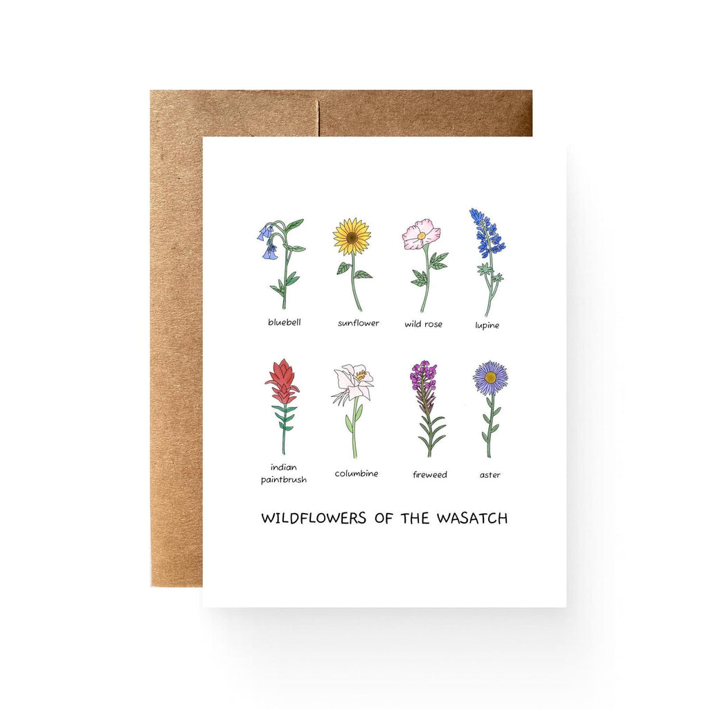 white card with 8 wildflowers of the Wasatch reading "wildflowers of the Wasatch"