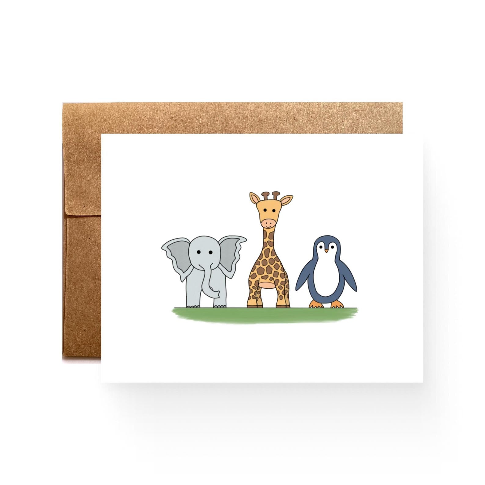 white card with baby animals: elephant, giraffe, and penguin