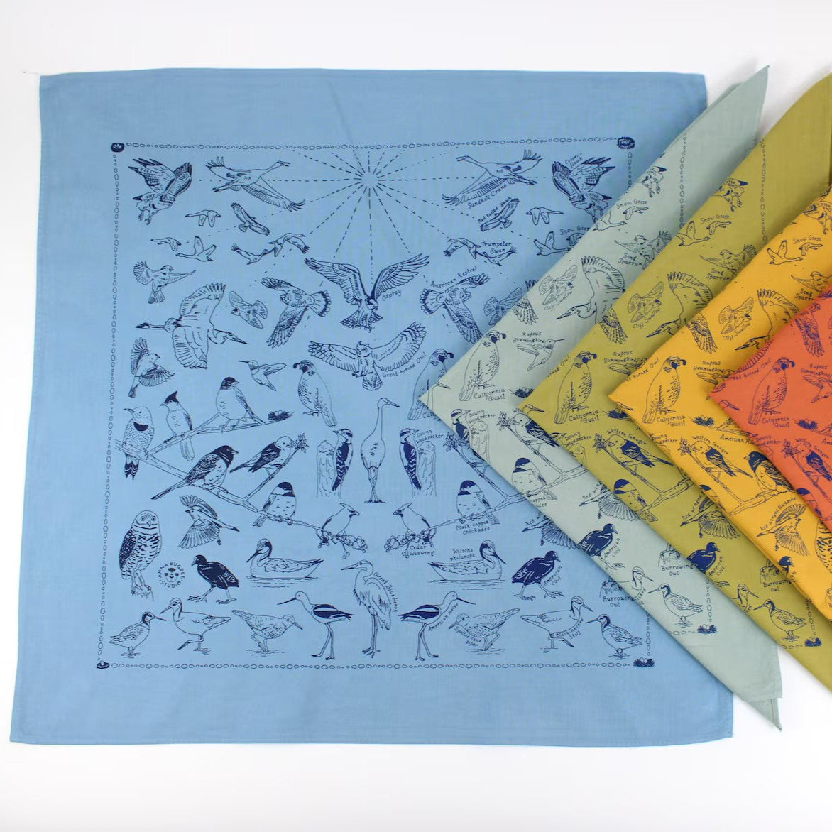 ChatGPT said:
This image shows a set of five colorful fabric bandanas, each printed with detailed illustrations of various bird species and their names in a hand-drawn style. The bandanas are displayed in a fan arrangement, transitioning from a full view of a sky-blue version on the left to neatly folded sage green, mustard yellow, and rust orange versions on the right.
