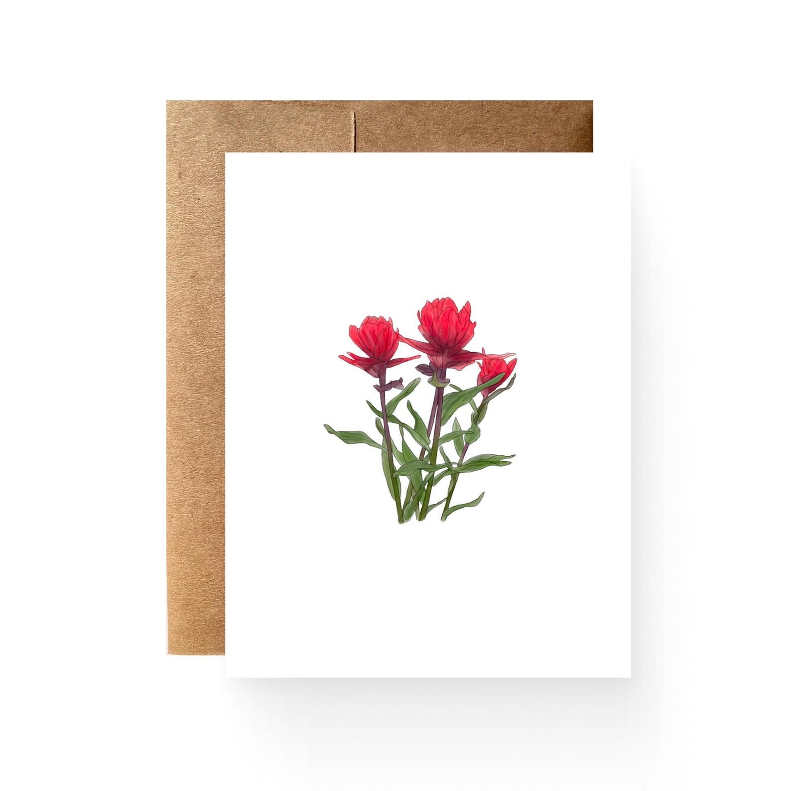 White card with red watercolor Indian paintbrush flower centered on the front. Picture includes brown envelope sitting offset behind the card