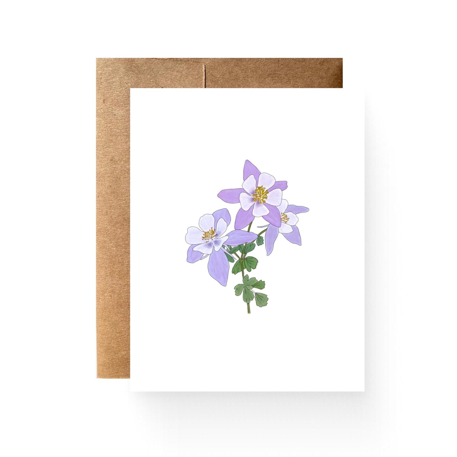 White card with purple watercolor columbine flower centered on the front. Picture includes brown envelope sitting offset behind the card