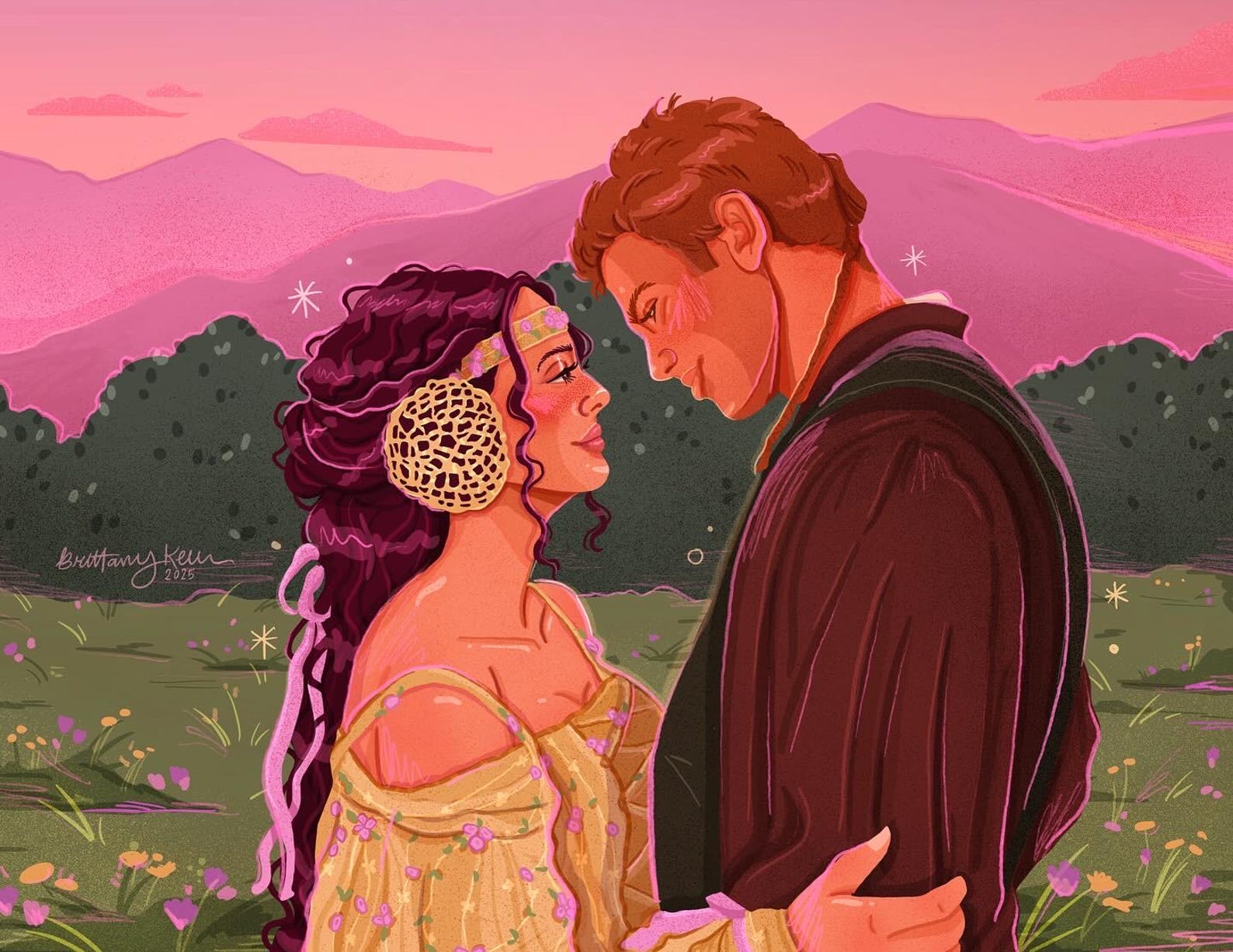 a drawing of a man and woman embracing and looking at each other lovingly, with a pink sky and green scenery behind them