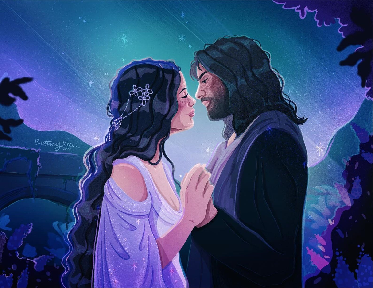 a drawing of a man and woman holding hands looking at each other lovingly with a blue and purple starry scene behind them