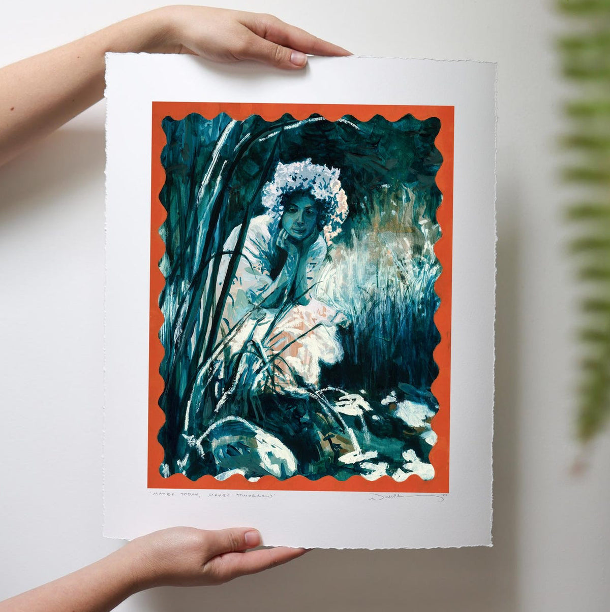 painting in blues, a woman sits crouched next to a stream. Scarlet scalloped border.