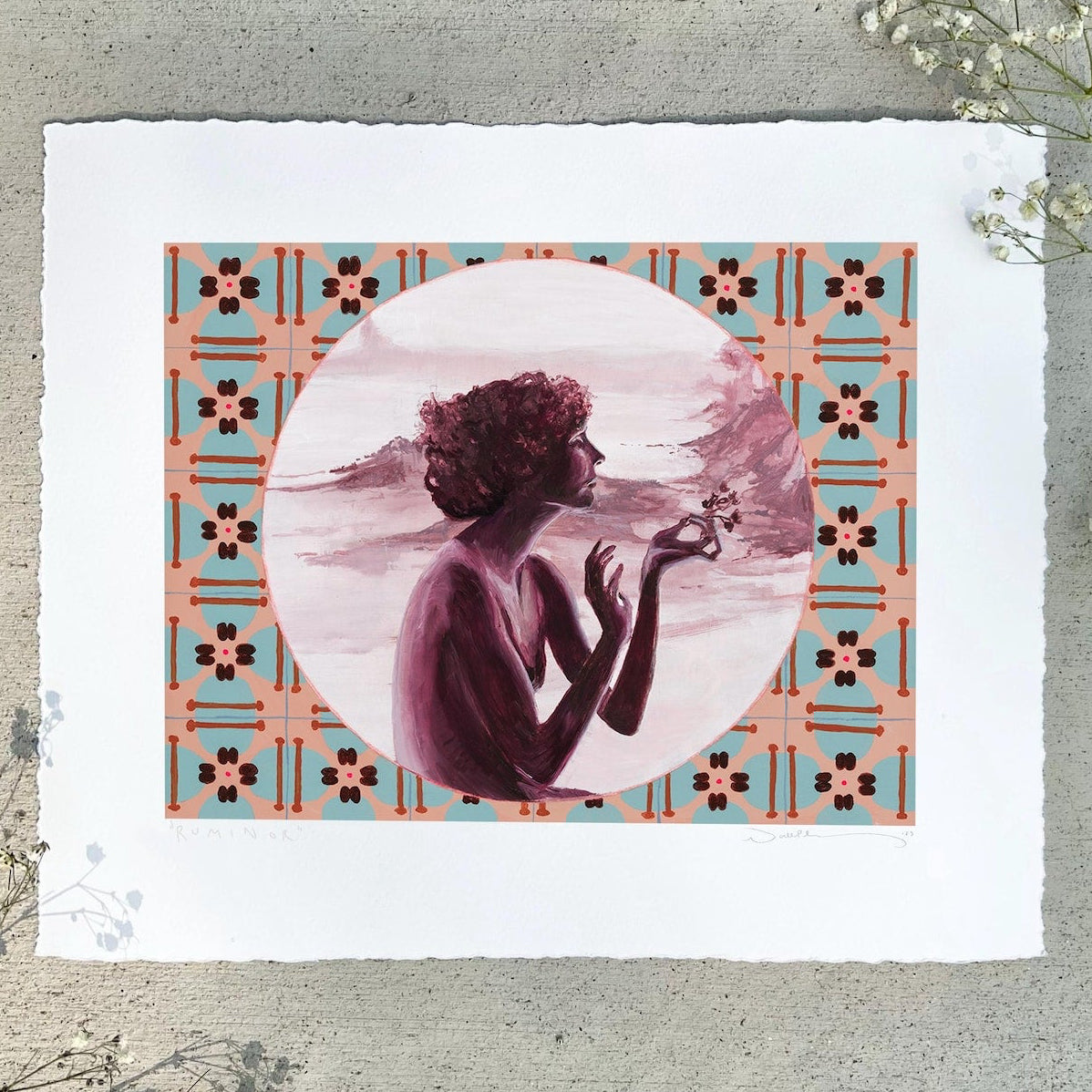 Woman in pink holds a flower delicately. Mosaic tile style border.