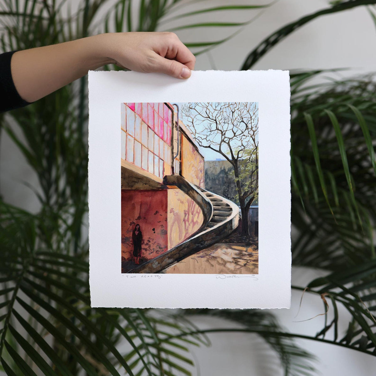 Modern interesting architectural building with elements in pink.  
