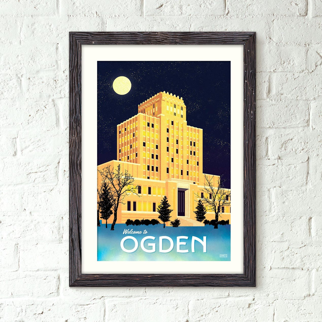 Ilustrated print of a golden building against a dark evening sky with a glowing moon.