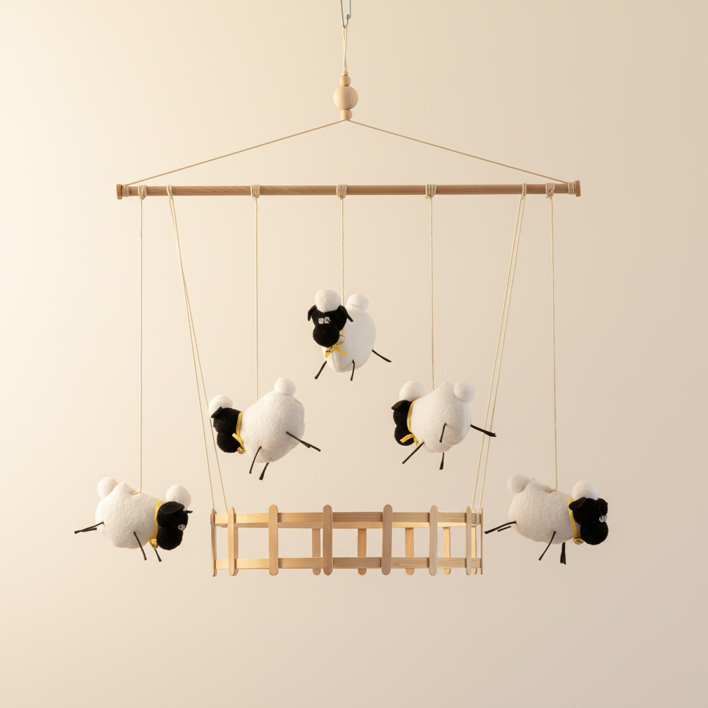 A handmade baby mobile features five fluffy white sheep with black faces and legs, each wearing a yellow ribbon, suspended by strings from a light wooden dowel. Below them hangs a small rectangular wooden fence structure crafted from sticks, all attached to a ceiling hook via a cord with wooden beads.