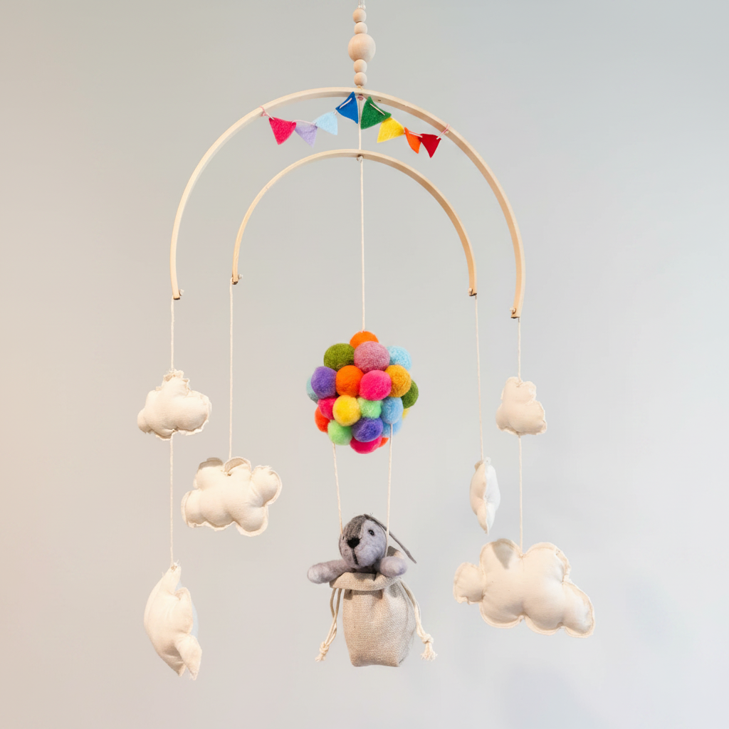 A handmade baby mobile features a light wooden arched frame topped with colorful felt triangular flags in rainbow hues. White fabric cloud shapes hang from the sides, while a vibrant cluster of multicolored pom-poms suspends a small gray plush animal inside a beige drawstring pouch in the center.
