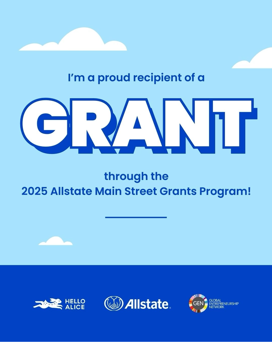 Promotional graphic for a grant recipient through the 2025 Allstate Main Street Grants Program with Allstate logo.