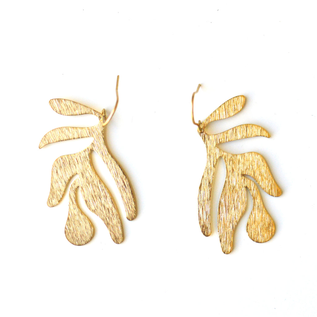 Texture Raw Brass Irregular shaped leaf earrings on brass hook.