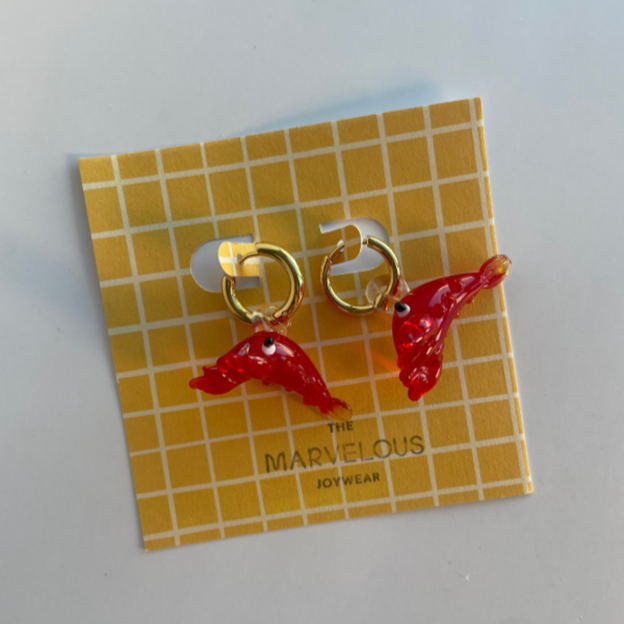 glass red lobster charms on gold hoops