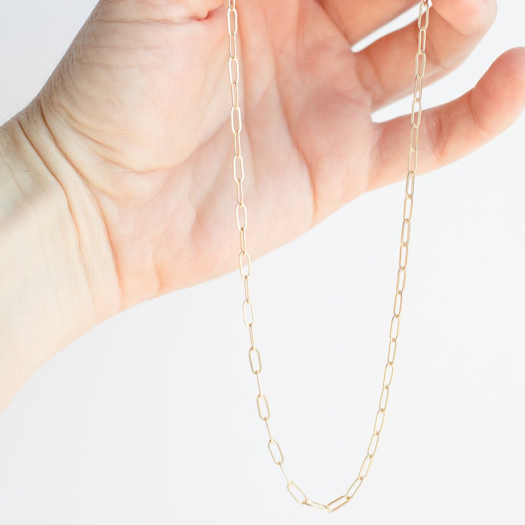 14k Gold Filled Chain. Available in 14, 15, 16, 18 or 20 inch chain (14 inch is a choker length, 18 inch is standard necklace length). Available with a traditional spring clasp that goes in the back, or a large front clasp.