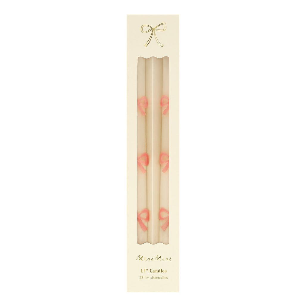 These tapered bow candles, have a special surprise detail - pink wicks! A wonderful hostess gift, or use to decorate the table or mantel at a party where pink will look just perfect, like a baby shower, bridal shower, princess or fairy party.