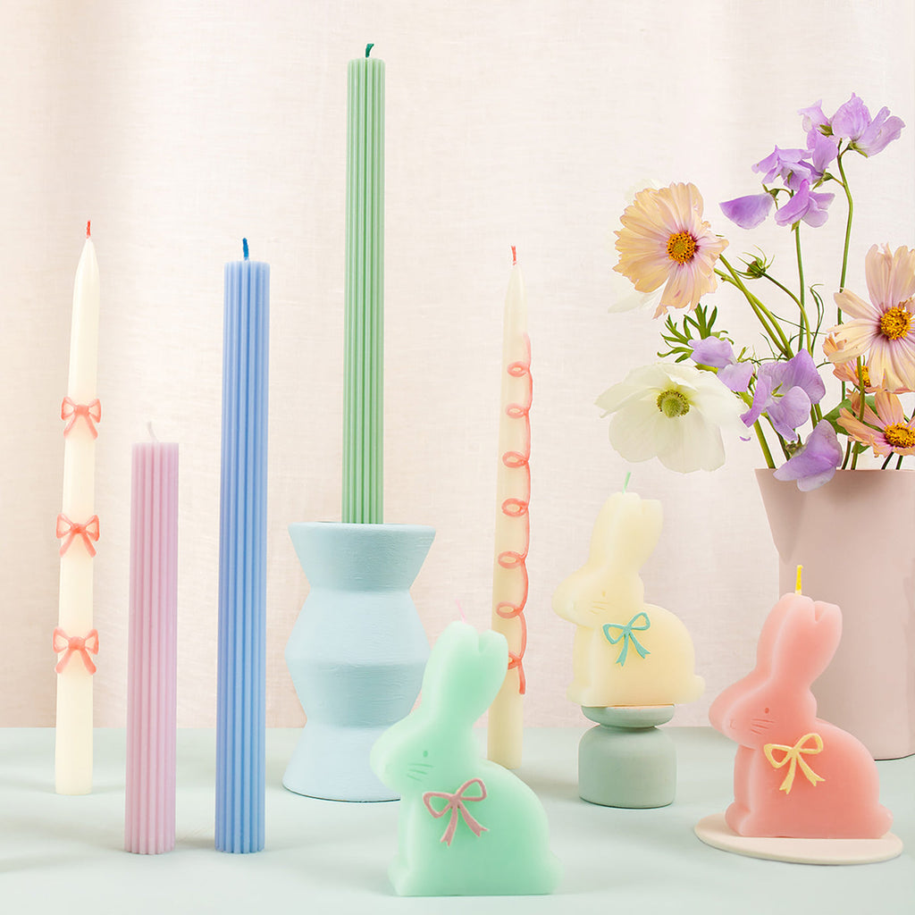 These tapered bow candles, have a special surprise detail - pink wicks! A wonderful hostess gift, or use to decorate the table or mantel at a party where pink will look just perfect, like a baby shower, bridal shower, princess or fairy party.