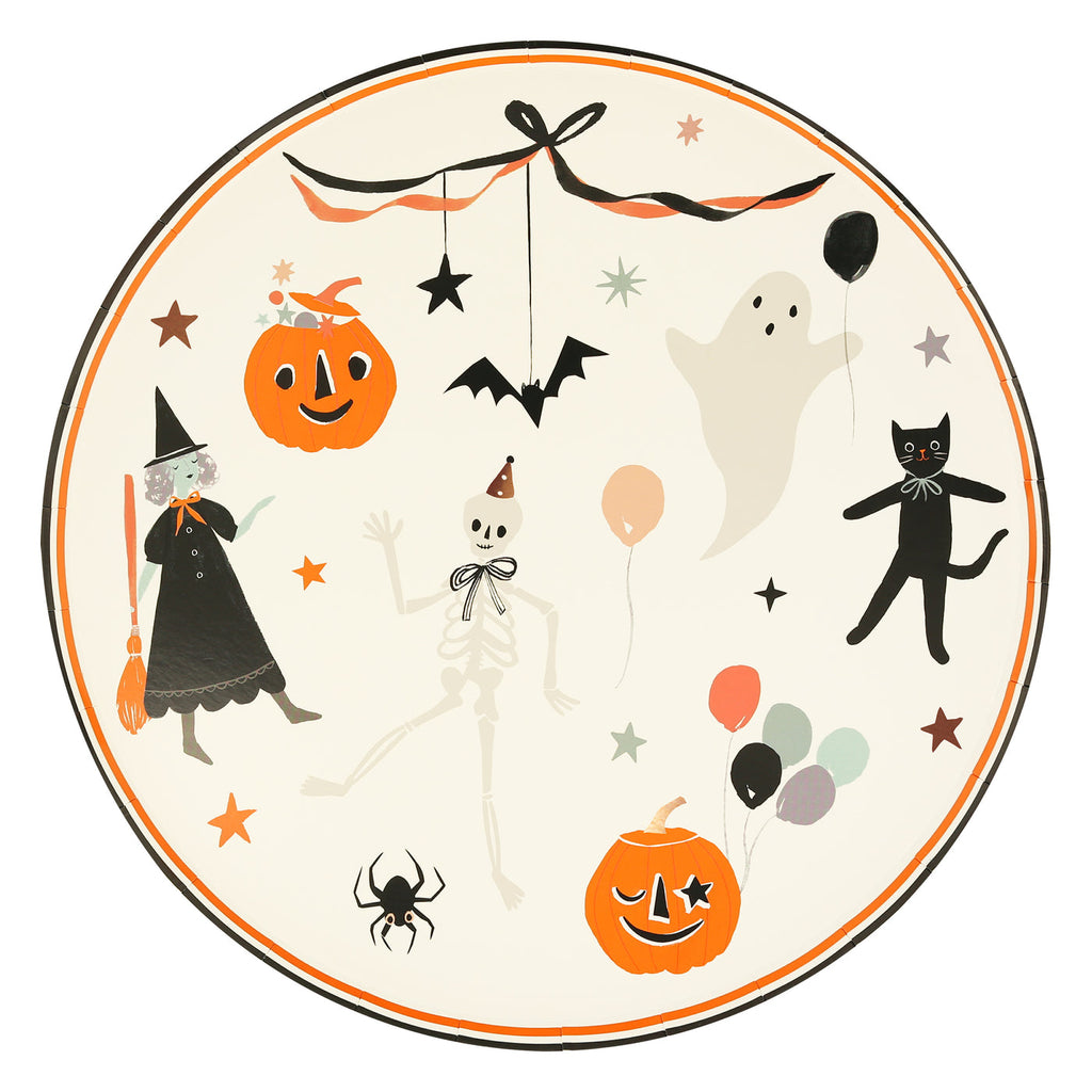 It's Halloween and time to celebrate! Our Halloween vintage-look plates, featuring happy Halloween icons and an on-trend bow design, will definitely thrill your party guests. These boo-tiful paper plates will add real wow-factor to your party table.
