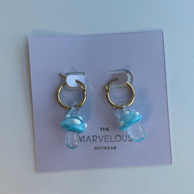 blue glass mushroom charms on gold hoops