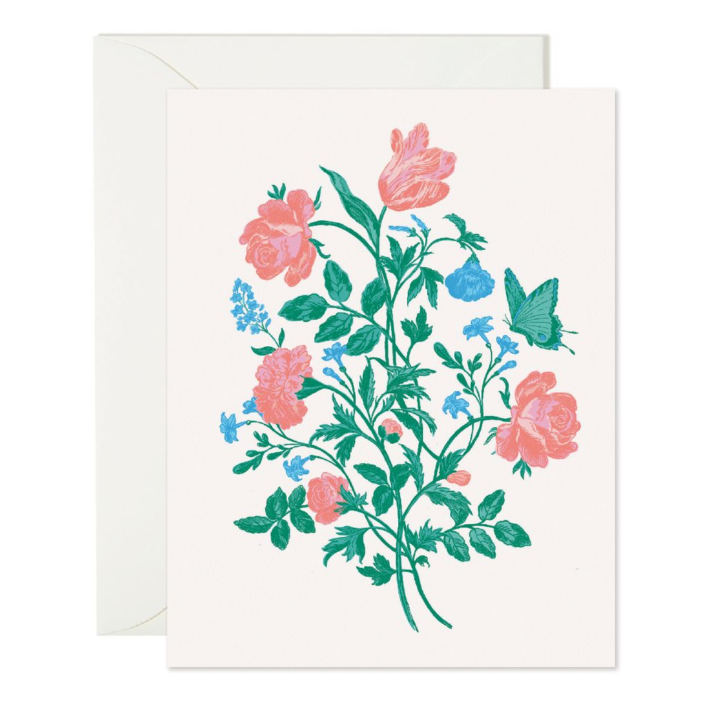 Blank card with a pink and blue jardin bouquet and butterfly