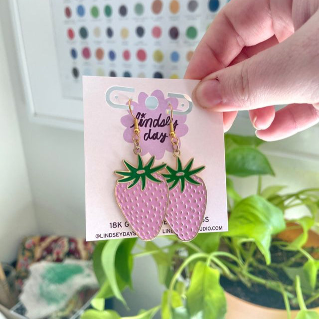 Pink Strawberry Enamel Earrings