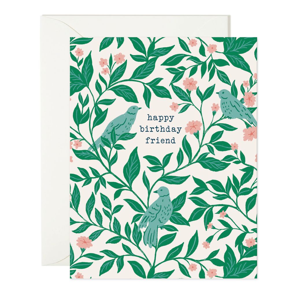 white card featuring a green and pink design of birds and florals