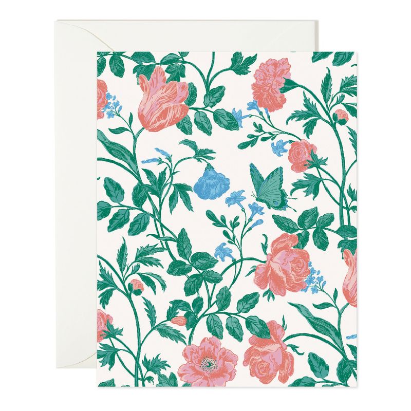 white card with pink and blue flowers and a single butterfly