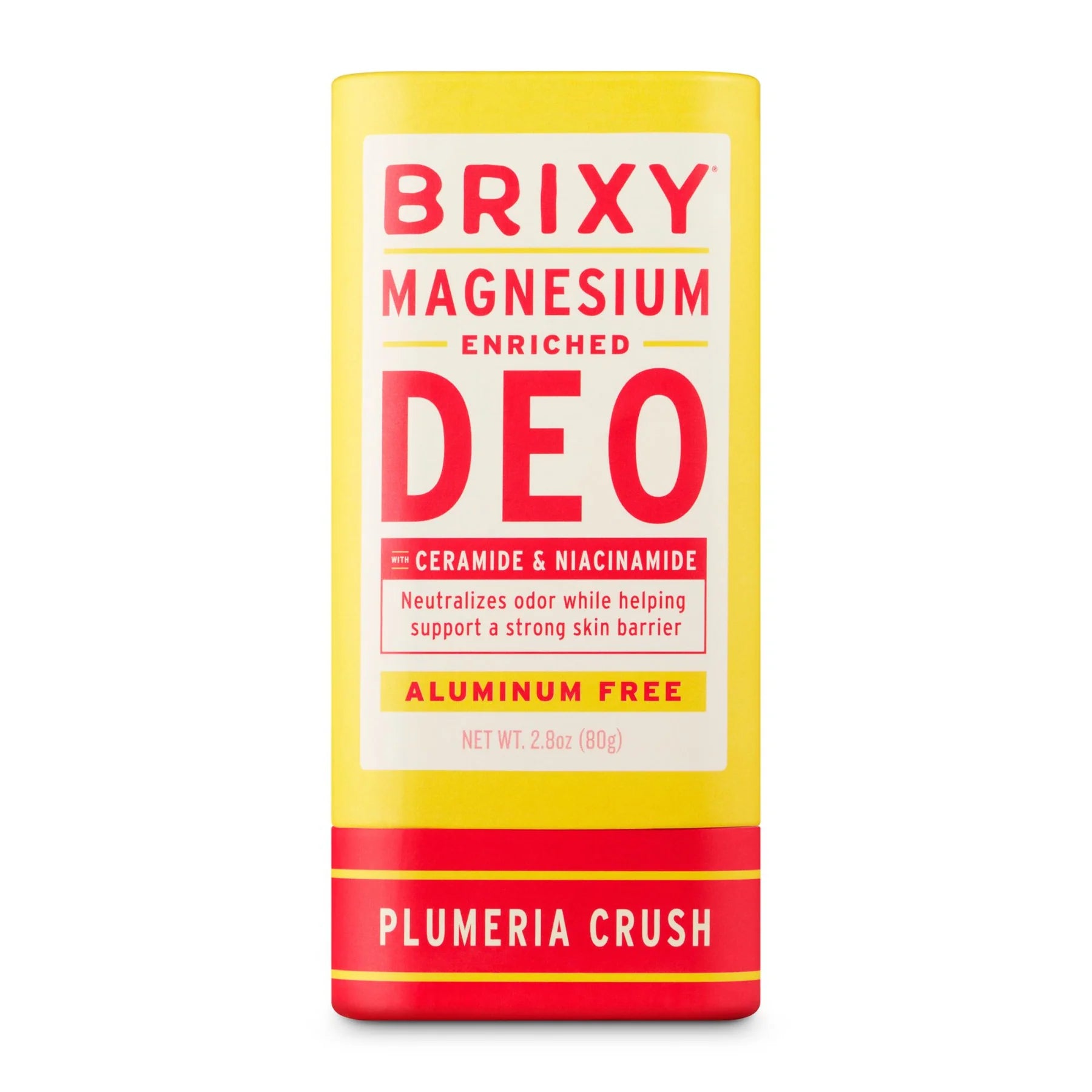 A bright yellow and red stick of BRIXY Magnesium-Enriched Deodorant labeled "Plumeria Crush" stands upright with bold, modern typography. The packaging highlights features like being aluminum-free and enriched with ceramide and niacinamide to support skin health and neutralize odor.
