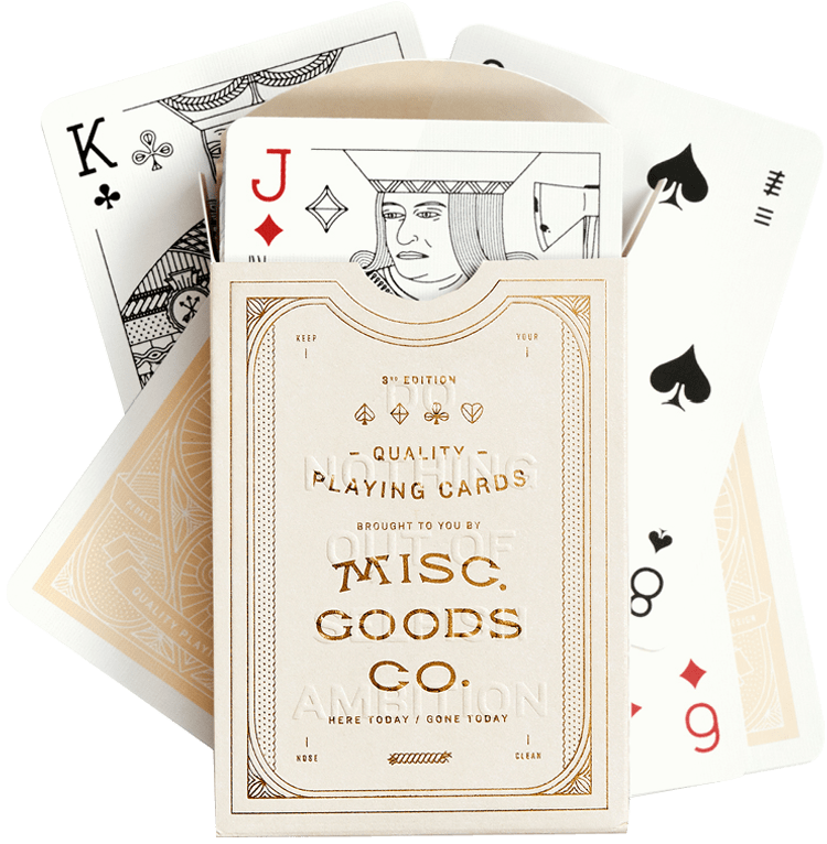 Misc. Goods Co. owner Tyler Deeb released his first deck of newly illustrated playing cards on Kickstarter in 2012 after three months of feverish design and attention. Each drawing on every playing card is re-imagined. The illustrations of the characters, symbols and each letter and number new.