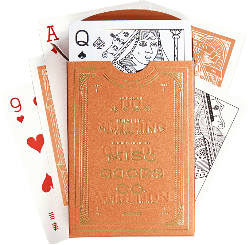Misc. Goods Co. owner Tyler Deeb released his first deck of newly illustrated playing cards on Kickstarter in 2012 after three months of feverish design and attention. Each drawing on every playing card is re-imagined. The illustrations of the characters, symbols and each letter and number new.