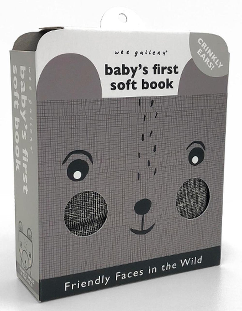Wee Gallery Friendly Faces: In the Wild provides sensory-rich entertainment for infants in a soft organic cloth book featuring four friendly wild animals.  Open out the soft pages of this beautiful, touch-and-feel organic cloth book to meet Bear and her three wild friends – Elephant, Toucan, and Lion.