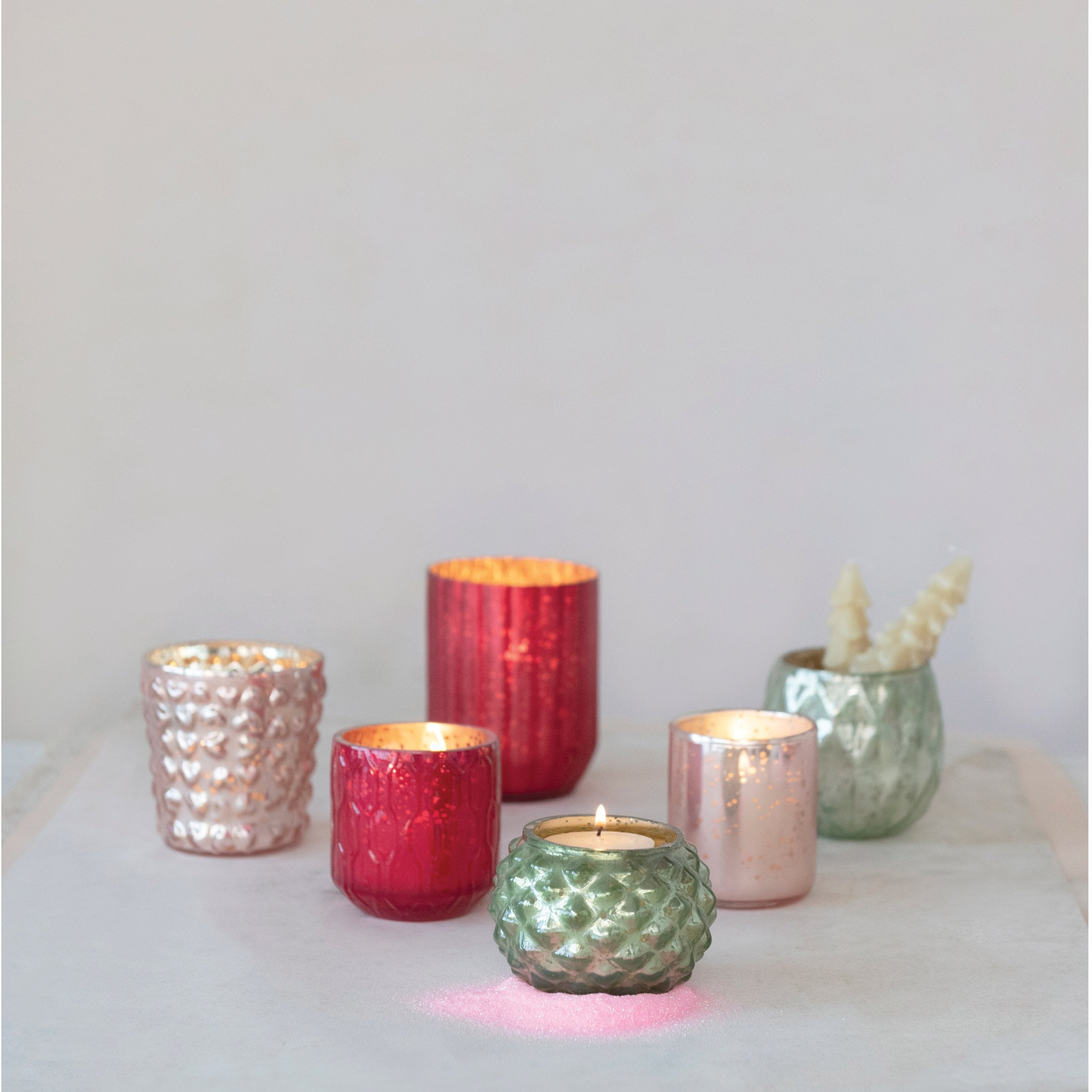 2-1/2"H - 4-1/4"H Mercury Glass Votive Holders, 3 Colors, Set of 6