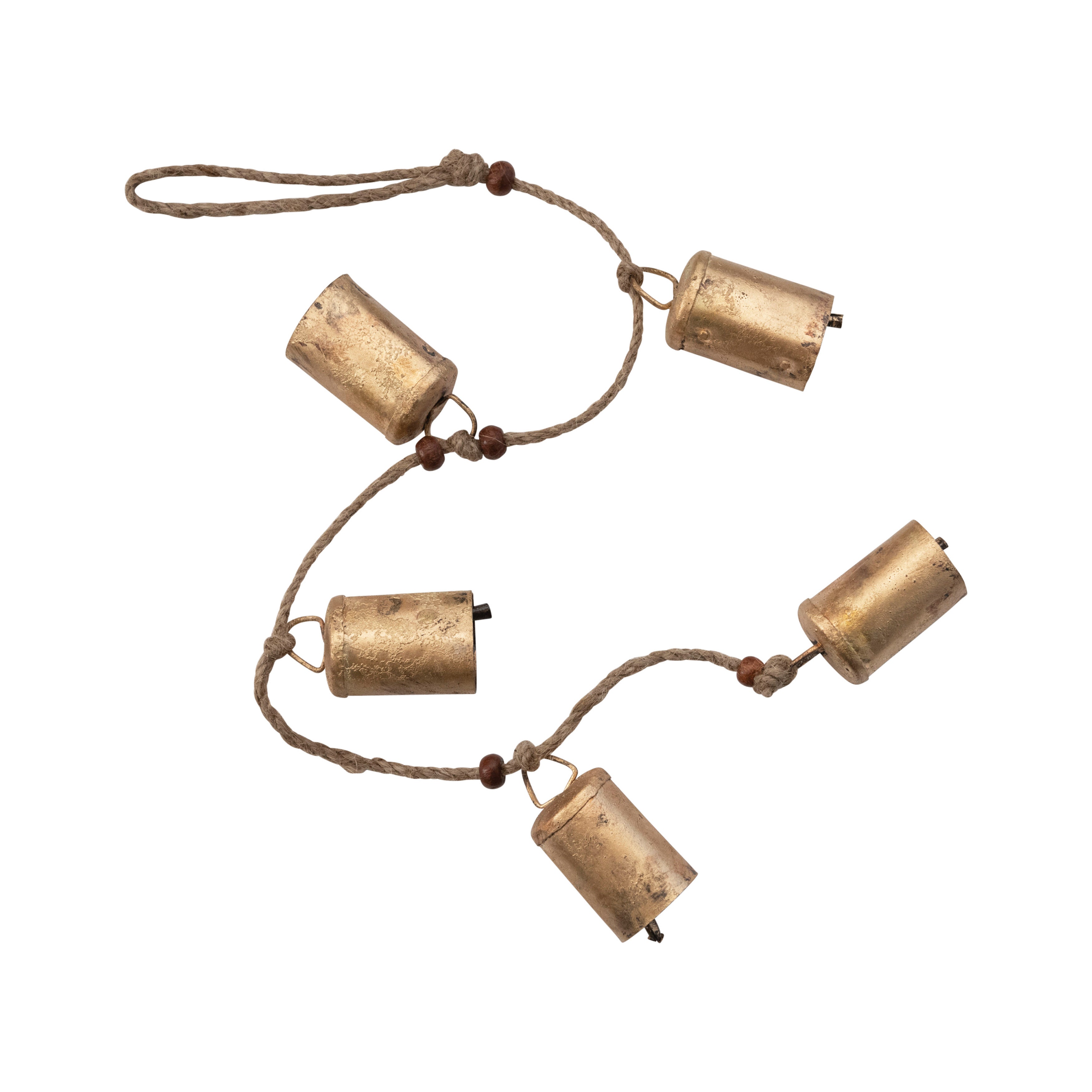 Hanging Metal Bells with Wood Beads and Jute Rope - Antique Brass Finish