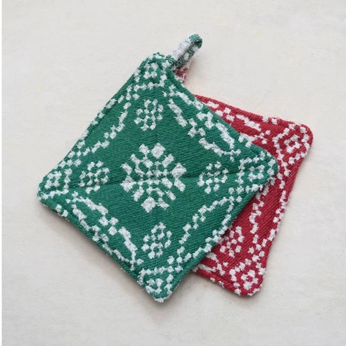 Square Woven Cotton Pot Holder with Pattern     Color  Green  Red     Material  100% Cotton     Size  8" Square