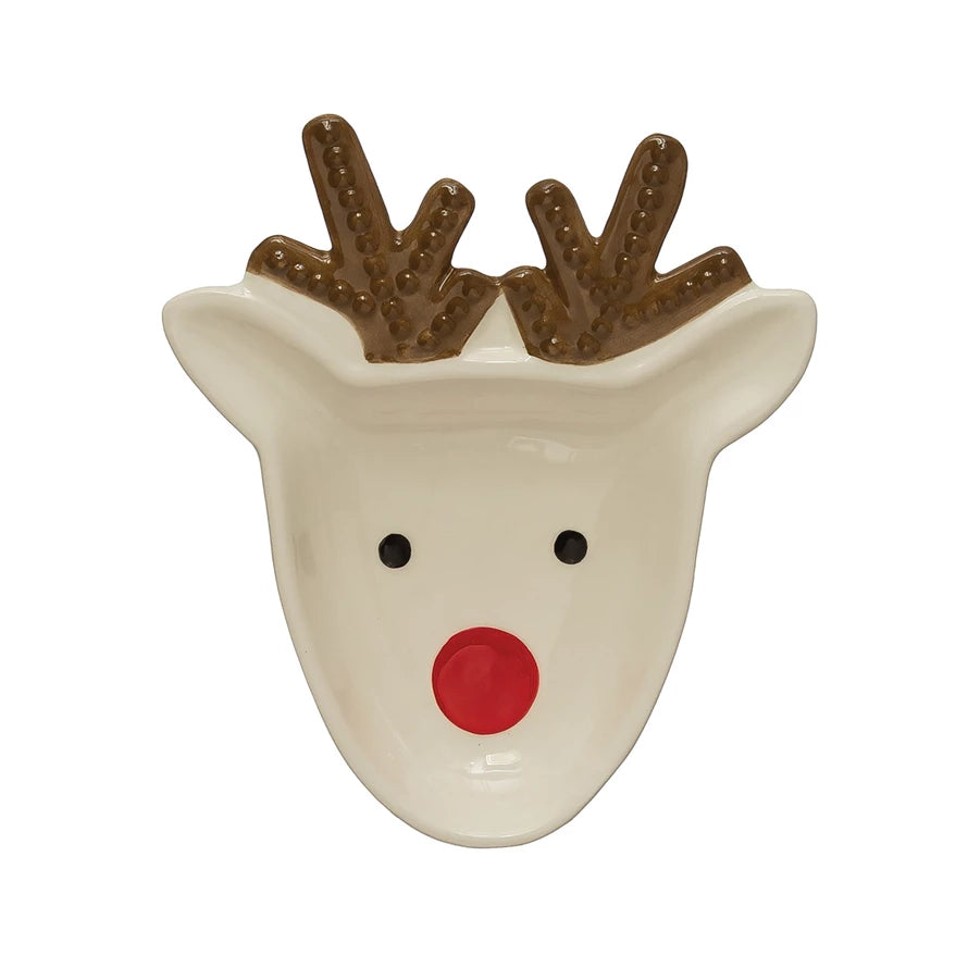 Ceramic Reindeer Plate, White, Brown and Red     Size  7-1/2"L x 6-1/2"W