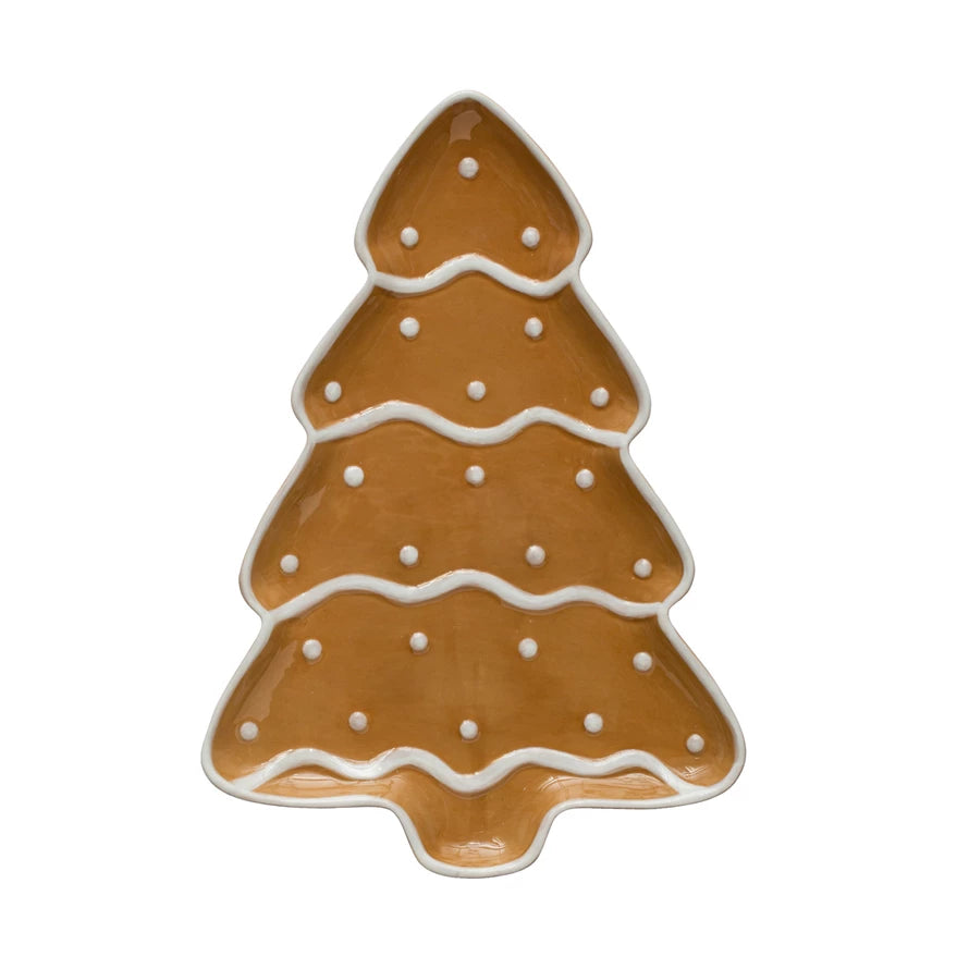 Add a hint of holiday cheer to any meal with this jolly hand-painted ceramic gingerbread tree-shaped platter! Perfect for serving up delicious treats with plenty of Christmas spirit, it's sure to be the star of the show! Let the festivities begin! (Ho ho ho!)        Size  13"L x 9"W